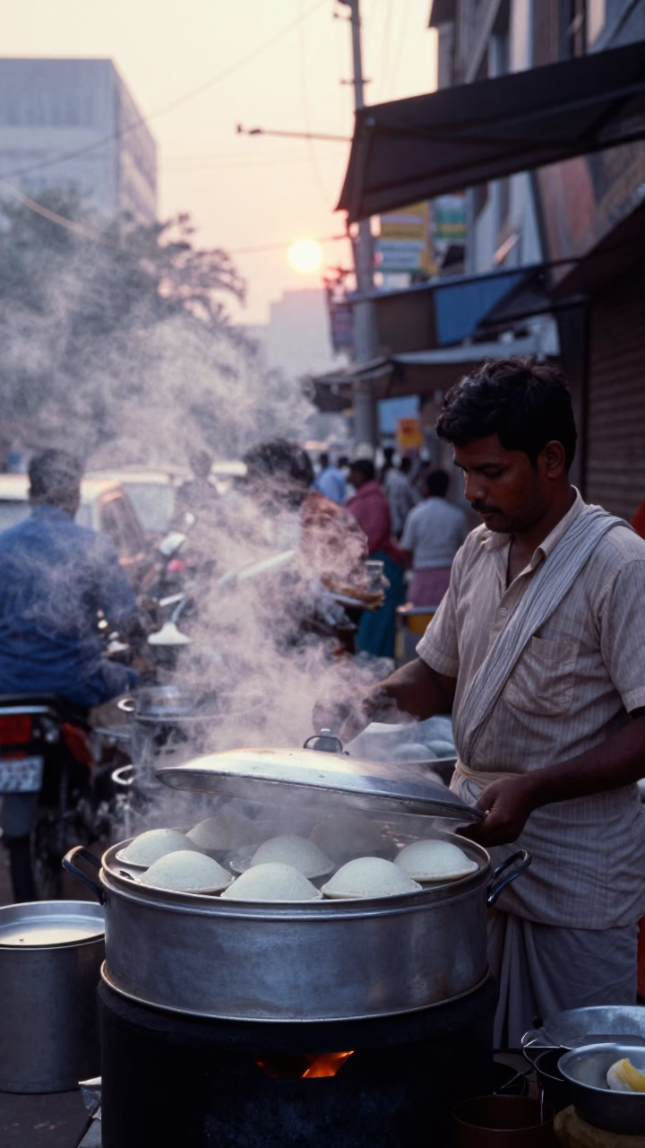 Early Morning Chennai Street Vendor Cooking Idli and Vada Before Sunrise in in Chennai, India