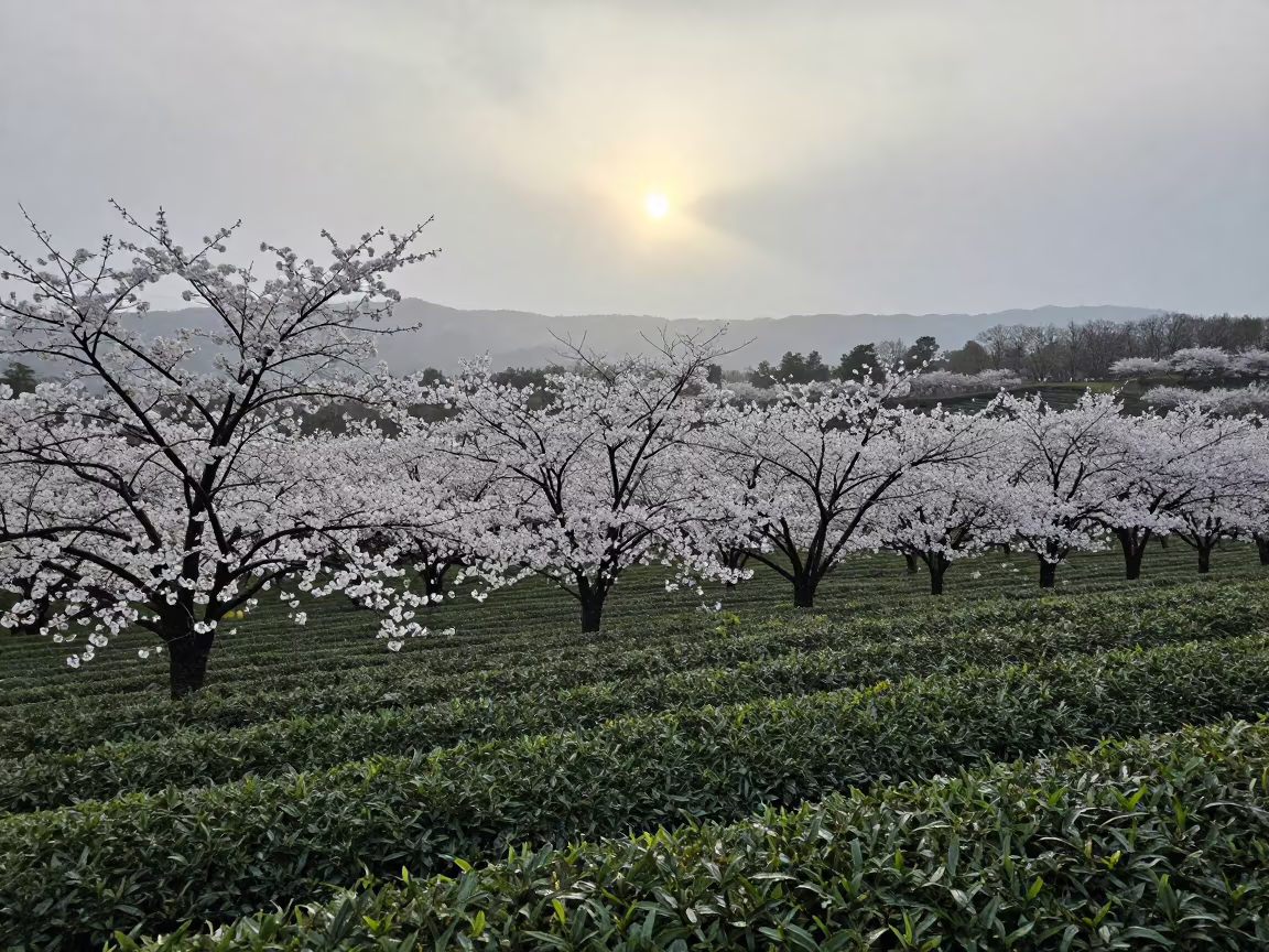 Early Morning Cherry Blossoms Japan Tea Fields in at the edge of a tea plantation in Japan