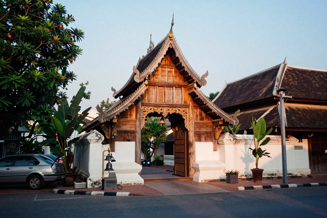 Early Morning Chiang Mai Street Scene with Bell and Blue Porcelain Bowl in in Chiang Mai, Thailand