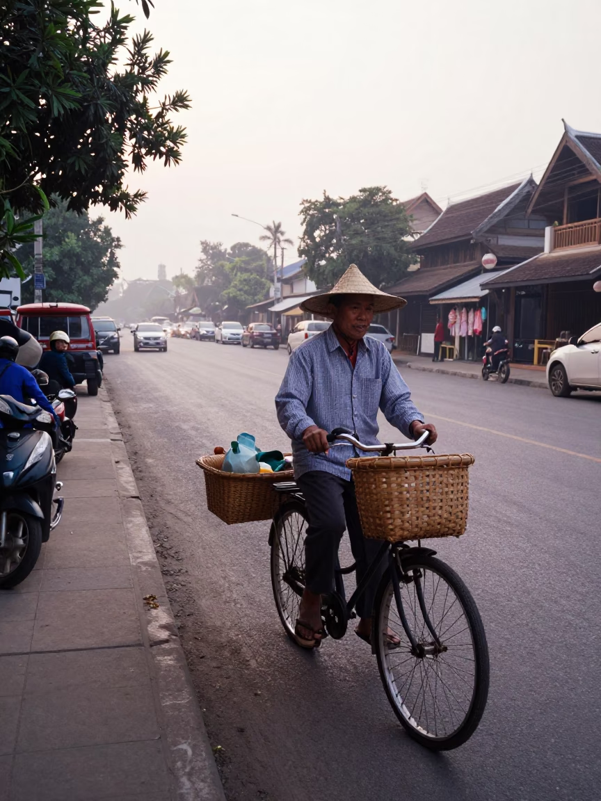 Early Morning Chiang Mai Street Scene with Bicycle Basket and Rural Hoe in Thailand in in Chiang Mai, Thailand