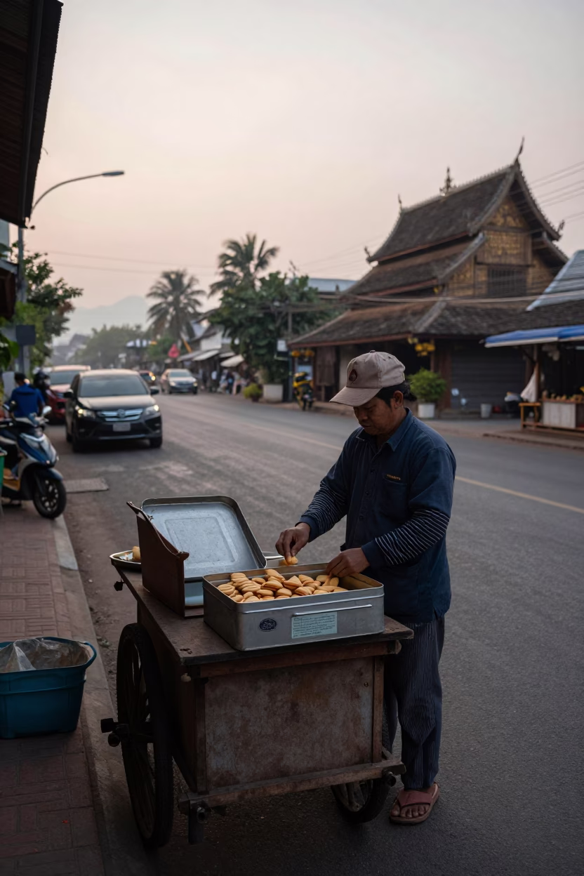 Early Morning Chiang Mai Street Scene with Biscuit Tin and Mango Lassi in in Chiang Mai, Thailand