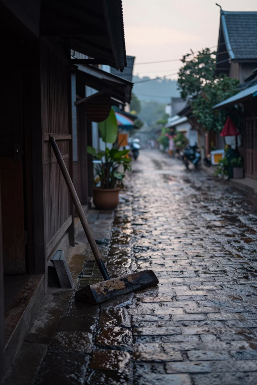 Early Morning Chiang Mai Street Scene with Boot Scraper and Wet Cobblestones Before Sunrise in in Chiang Mai, Thailand