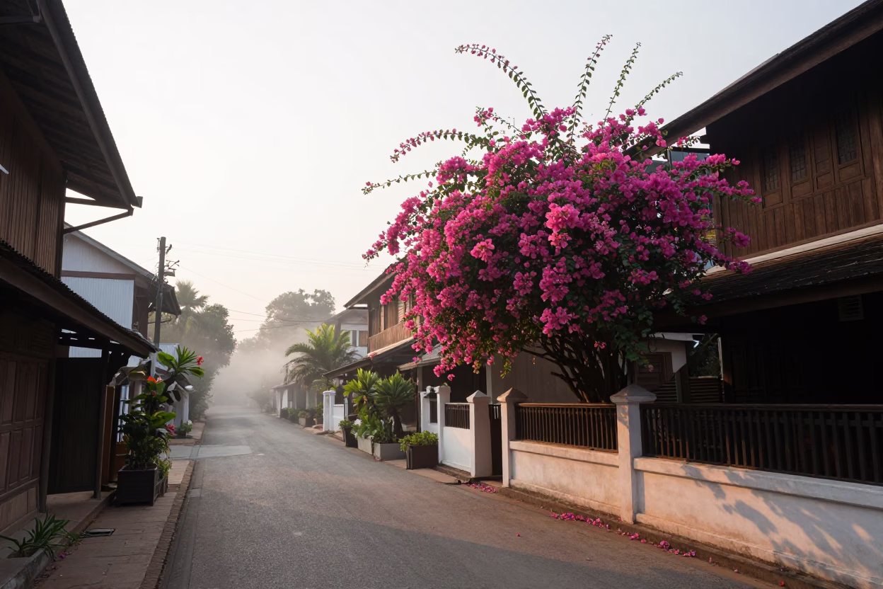 Early Morning Chiang Mai Street Scene with Bougainvillea and Local Market Activity in in Chiang Mai, Thailand