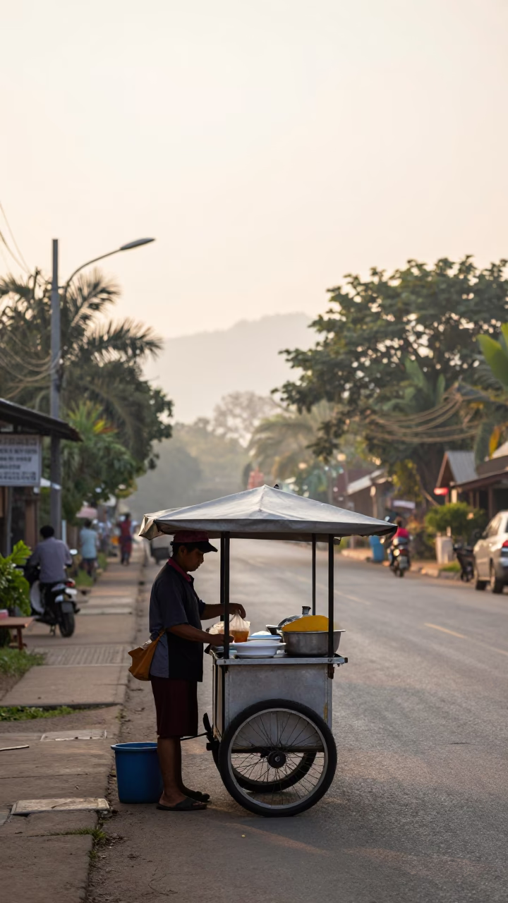 Early Morning Chiang Mai Street Scene with Local Breakfast Vendor and Steam Haze in in Chiang Mai, Thailand