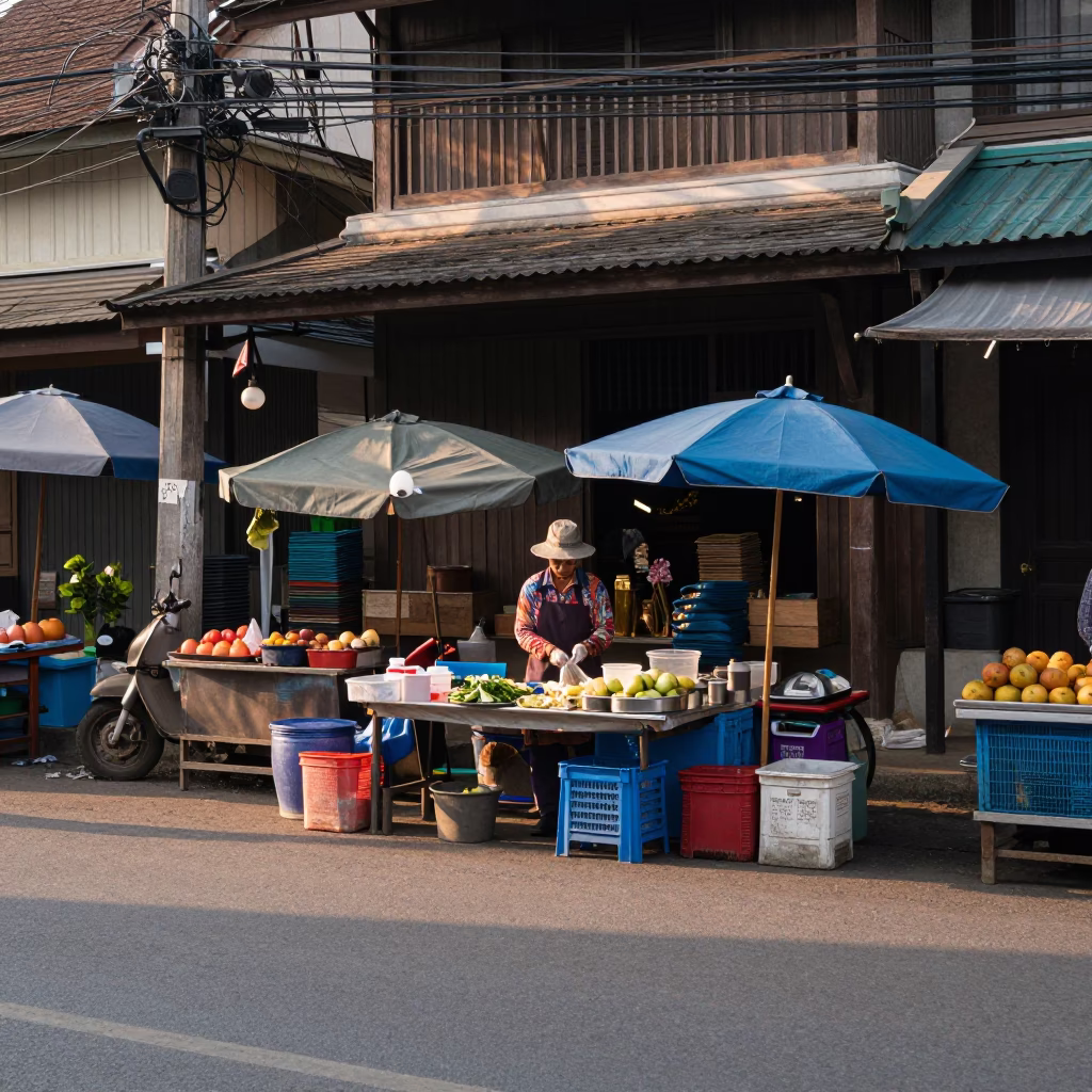 Early Morning Chiang Mai Street Scene with Local Market Stall and Kitchen Utensils in in Chiang Mai, Thailand