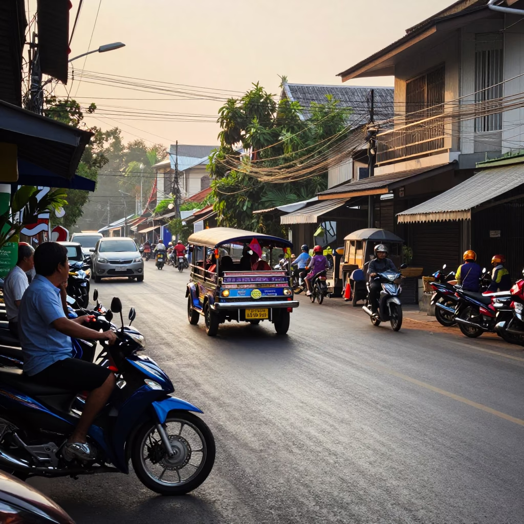 Early Morning Chiang Mai Street Scene with Motorcycles and Local Commuters in in Chiang Mai, Thailand
