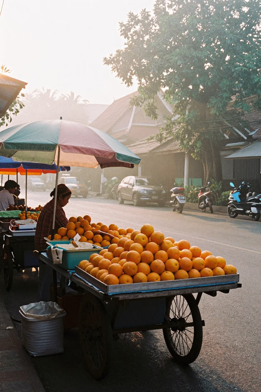 Early Morning Chiang Mai Street Scene with Oranges and Umbrellas in in Chiang Mai, Thailand