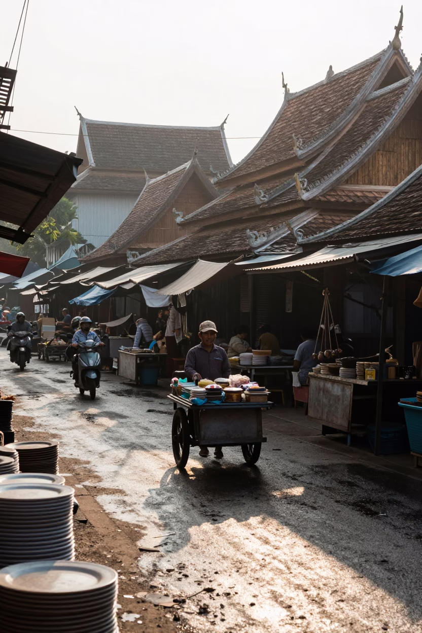 Early Morning Chiang Mai Street Scene with Stacked Plates at Local Market Stall in in Chiang Mai, Thailand