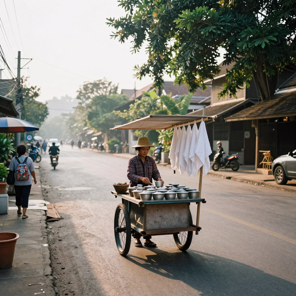 Early Morning Chiang Mai Street Scene with Tea Seller and Drying Towels in in Chiang Mai, Thailand