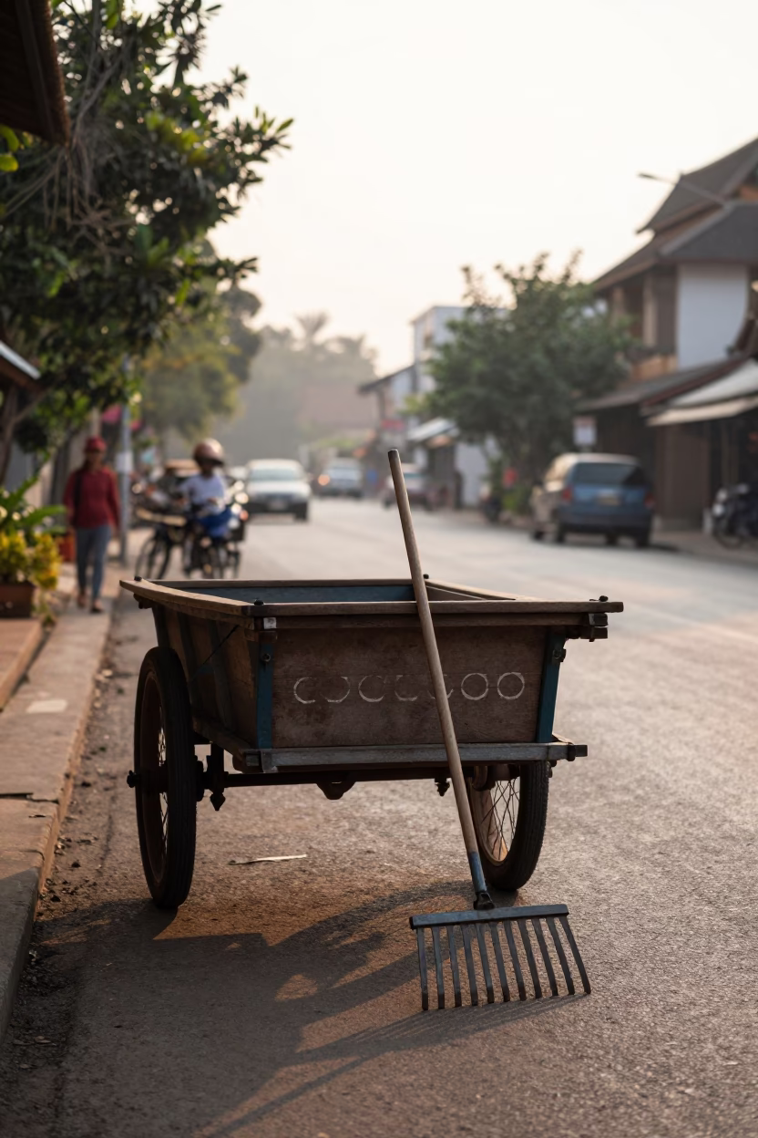 Early Morning Chiang Mai Street Scene with Wooden Cart and Rake Head in in Chiang Mai, Thailand