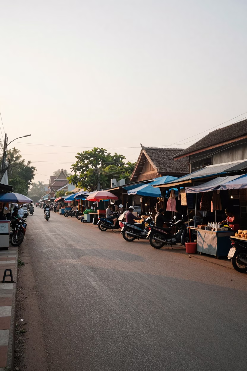 Early Morning Chiang Mai Thailand Street Scene with Local Market Activity in in Chiang Mai, Thailand
