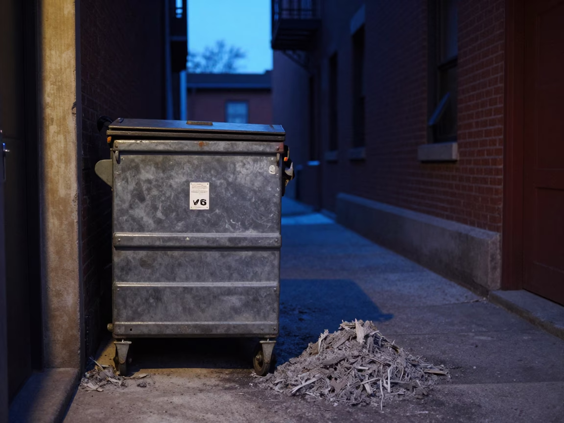 Early Morning Chicago Alleyway with Caster Wheel and Ash Shovel Before Dawn in in Chicago, Illinois, United States