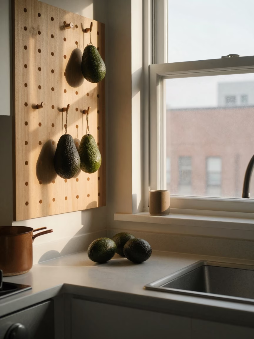 Early Morning Chicago Kitchen With Avocados And Pegboard Hooks in in Chicago, Illinois, United States