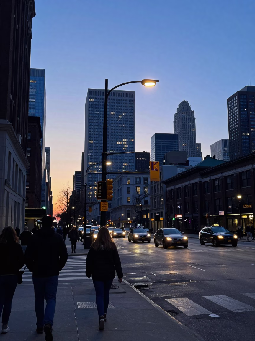 Early Morning Chicago Street Scene Before Sunrise with Pedestrians and City Architecture in in Chicago, Illinois, United States