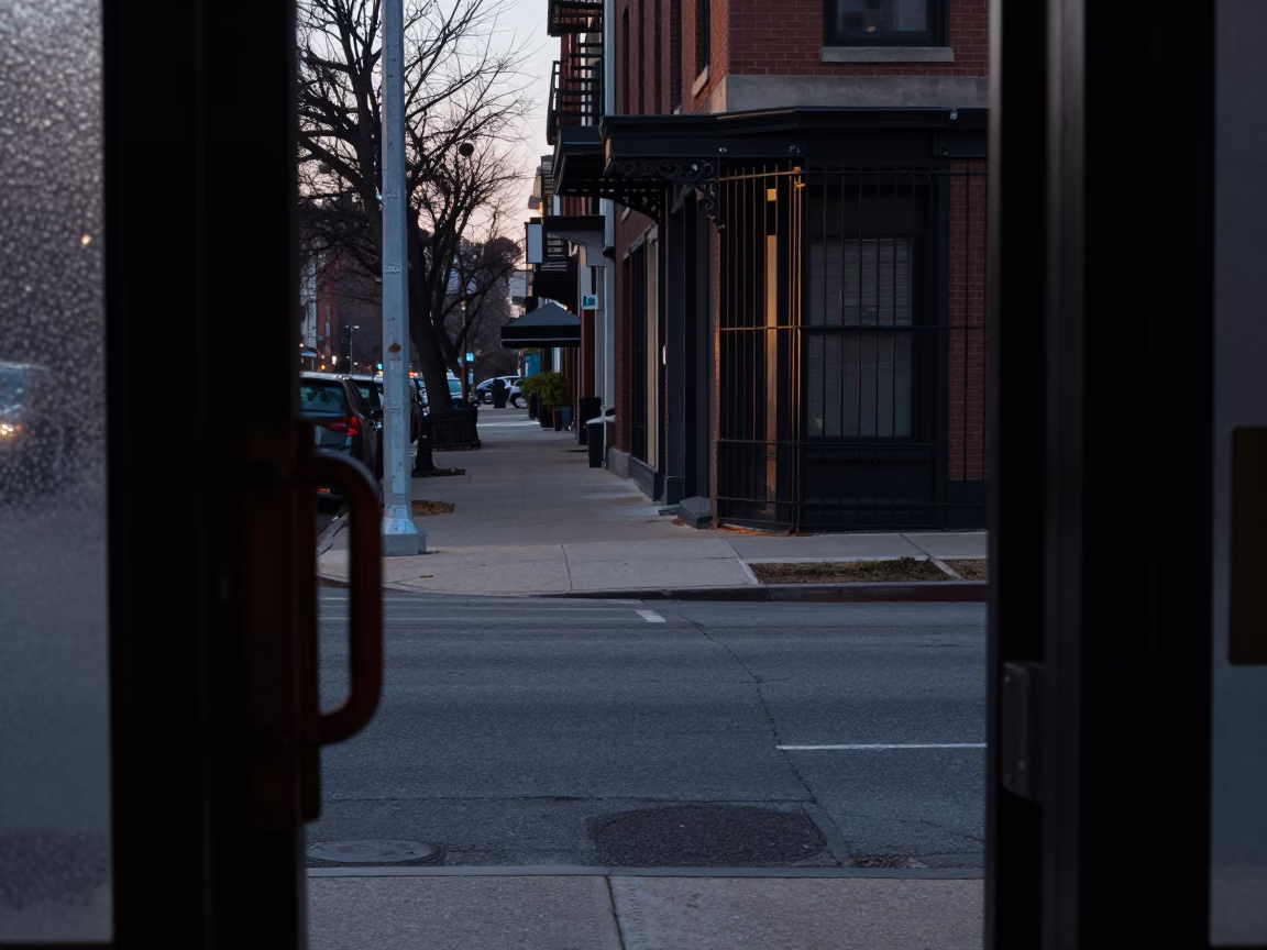 Early Morning Chicago Street Scene with Doorframe and Gate Handle in in Chicago, Illinois, United States