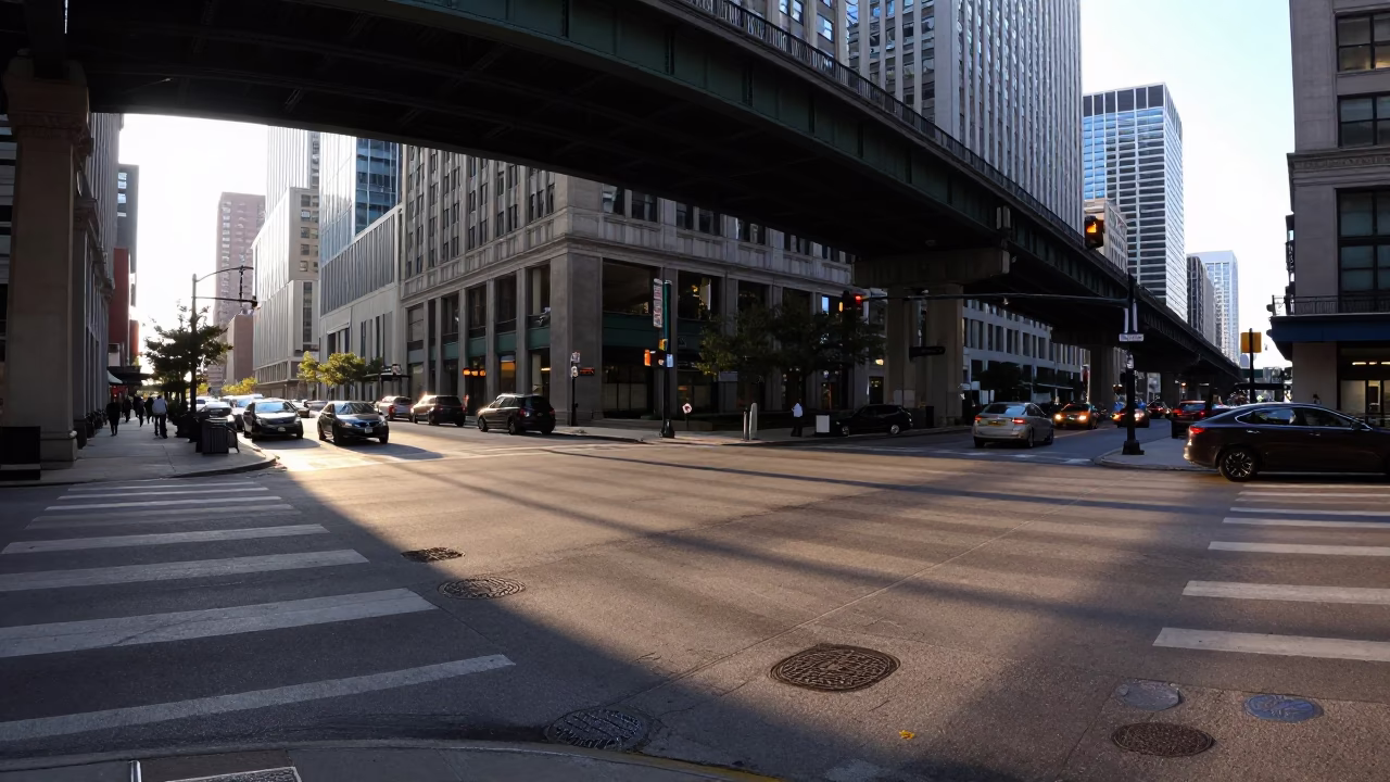Early Morning Chicago Street Scene with Flyover Shadows and Urban Life in in Chicago, Illinois, United States