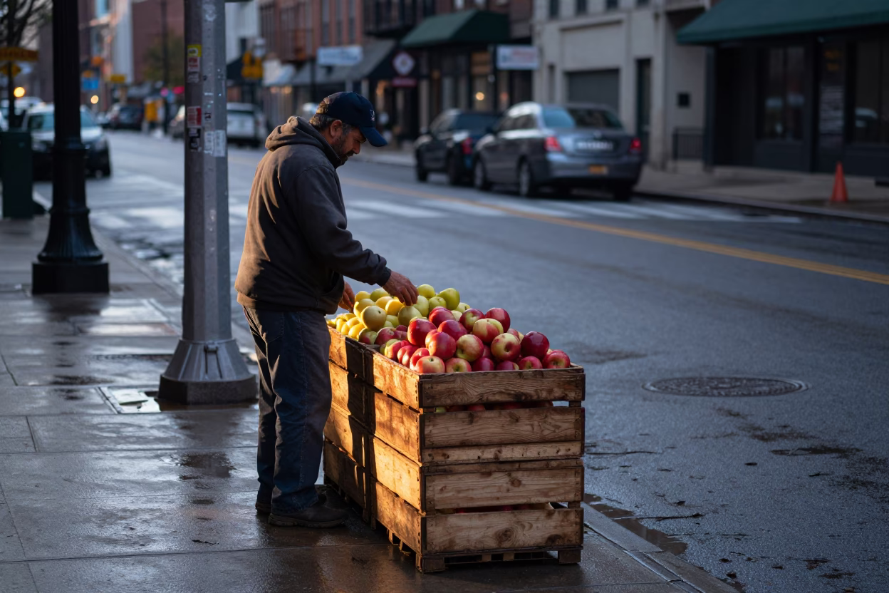 Early Morning Chicago Street Scene with Fruit Crate and Lantern Near Lake Shore in in Chicago, Illinois, United States