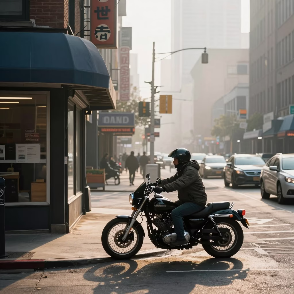 Early Morning Chicago Street Scene with Motorcycle and Urban Details in in Chicago, Illinois, United States