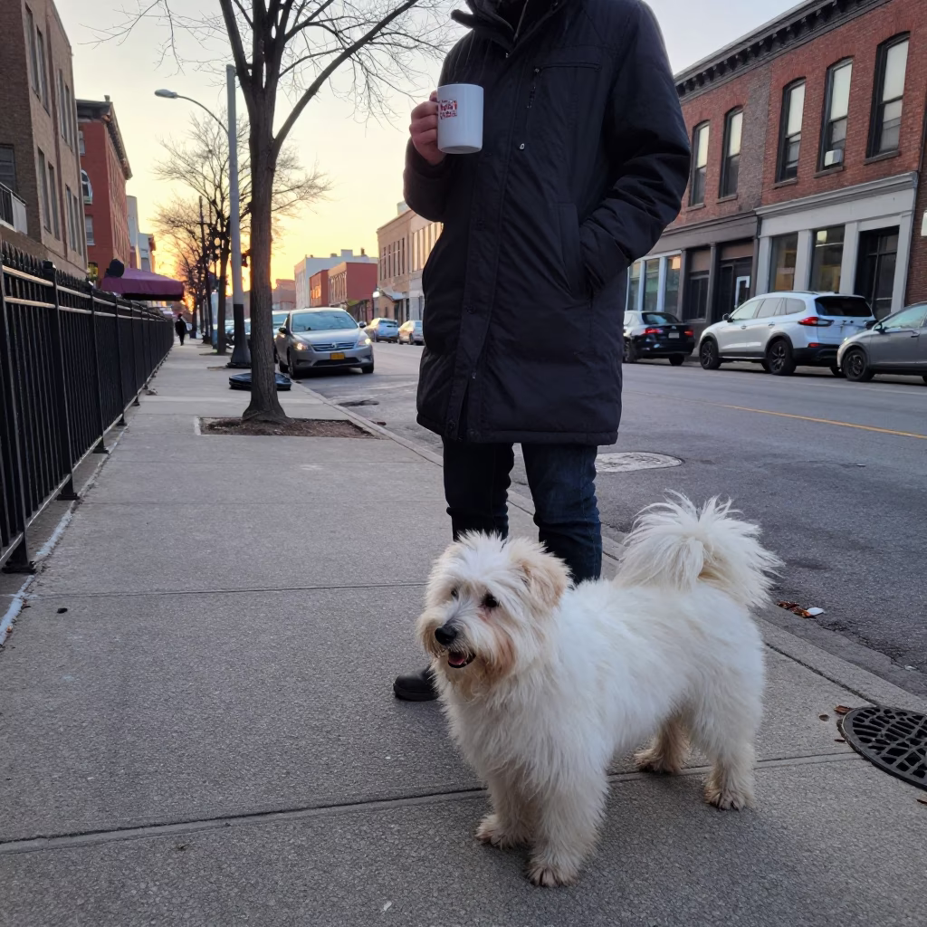 Early Morning Chicago Street Scene with Mug and Polish Lowland Sheepdog in in Chicago, Illinois, United States