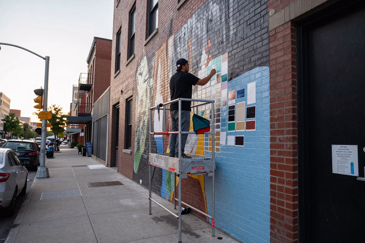 Early Morning Chicago Street Scene with Muralist and Urban Details in in Chicago, Illinois, United States