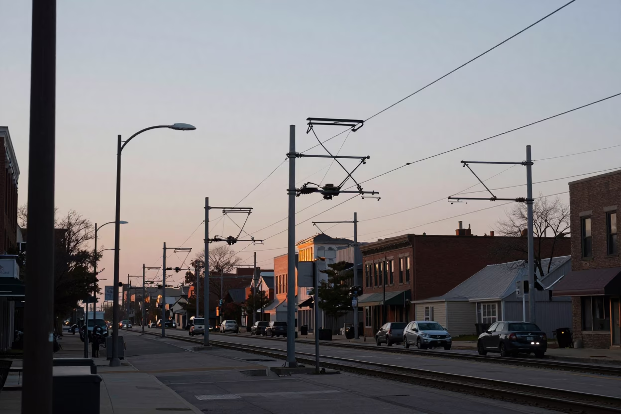 Early Morning Chicago Street Scene with Rail Catenary and Industrial Fog in in Chicago, Illinois, United States