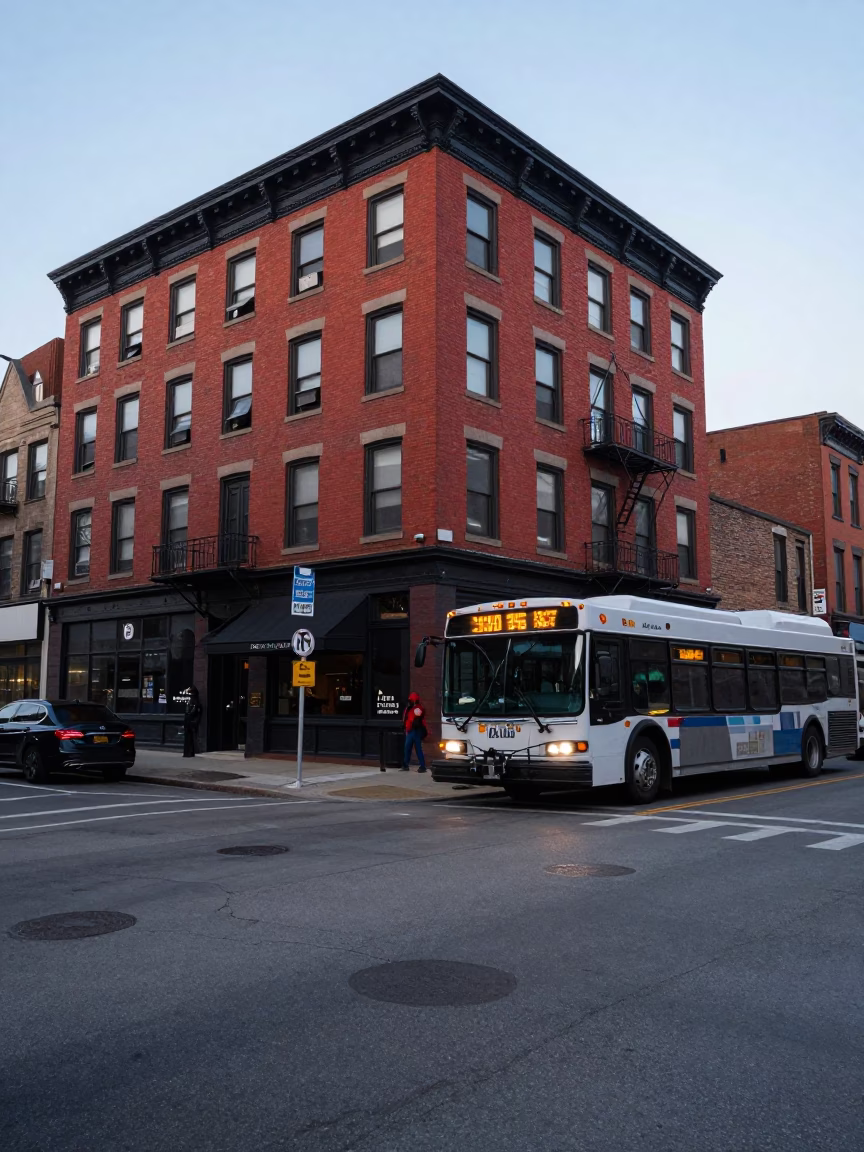 Early Morning Chicago Street Scene with Red Brick Buildings and City Bus in in Chicago, Illinois, United States