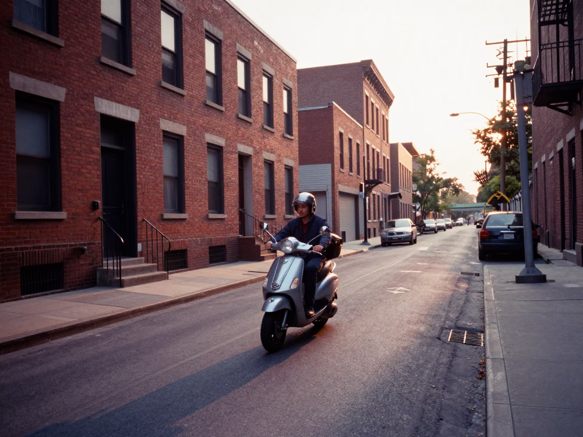 Early Morning Chicago Street Scene with Scooter and Urban Architecture in in Chicago, Illinois, United States