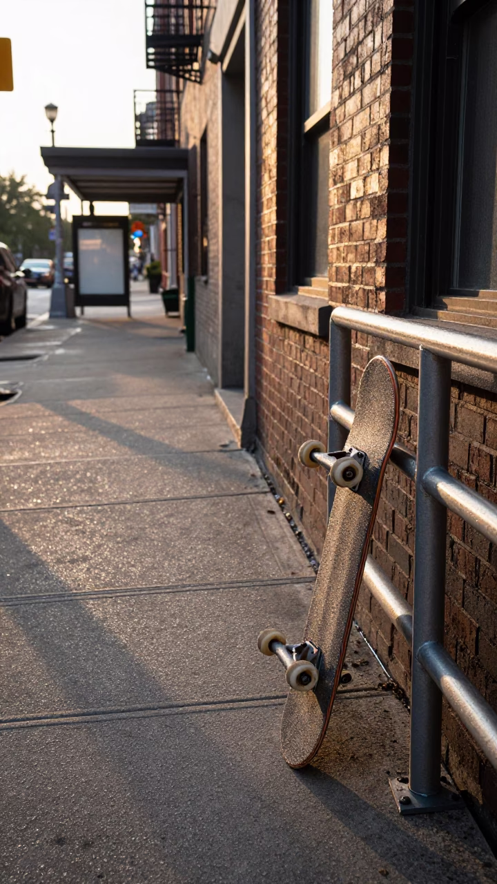 Early Morning Chicago Street Scene with Skateboard and Brick Architecture at Sunrise in in Chicago, Illinois, United States