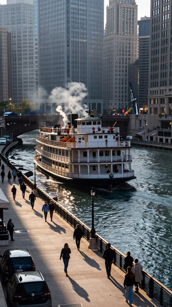 Early Morning Chicago Street Scene with Steamboat and Urban Details in in Chicago, Illinois, United States