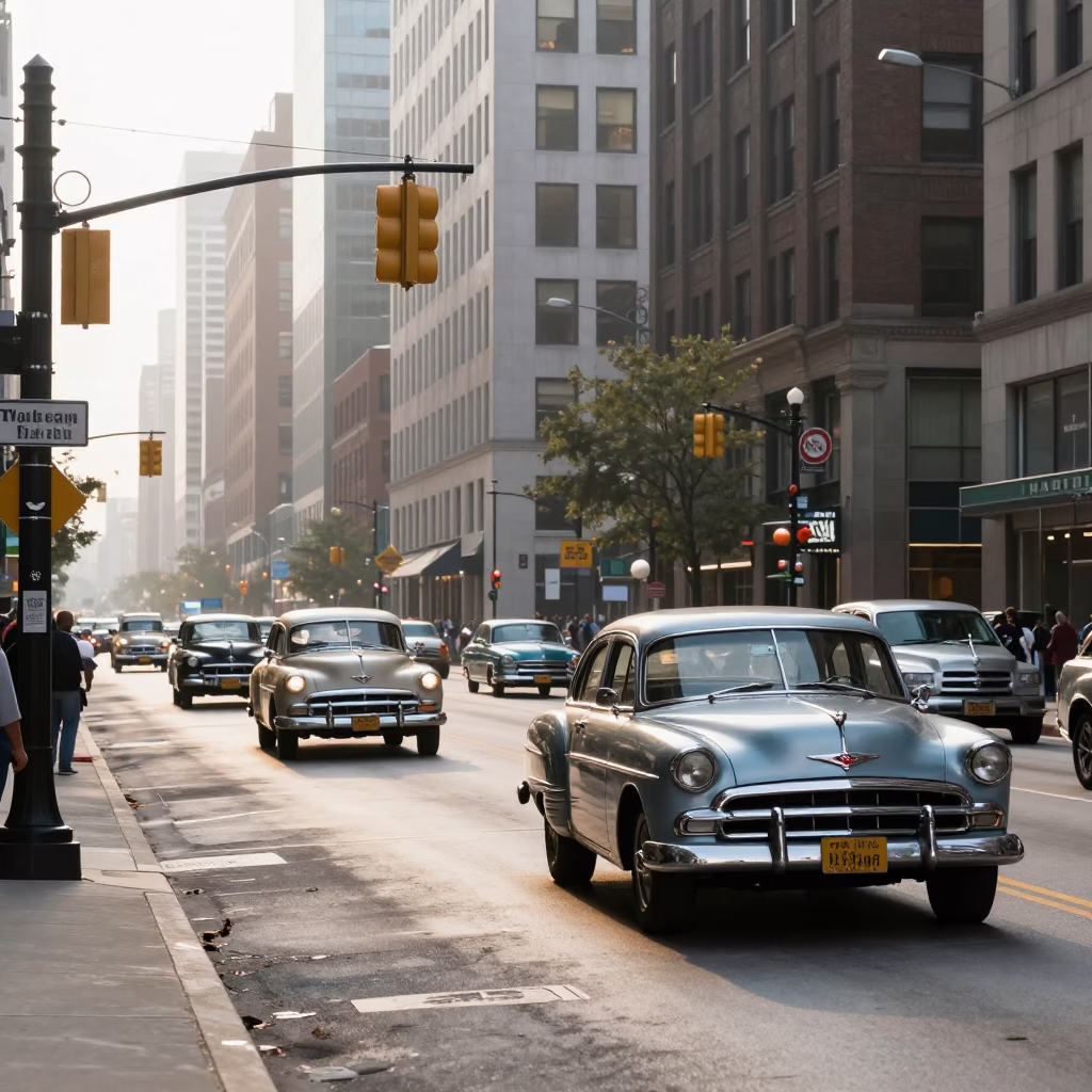 Early Morning Chicago Street Scene with Vintage Car Rally and Urban Elements in in Chicago, Illinois, United States