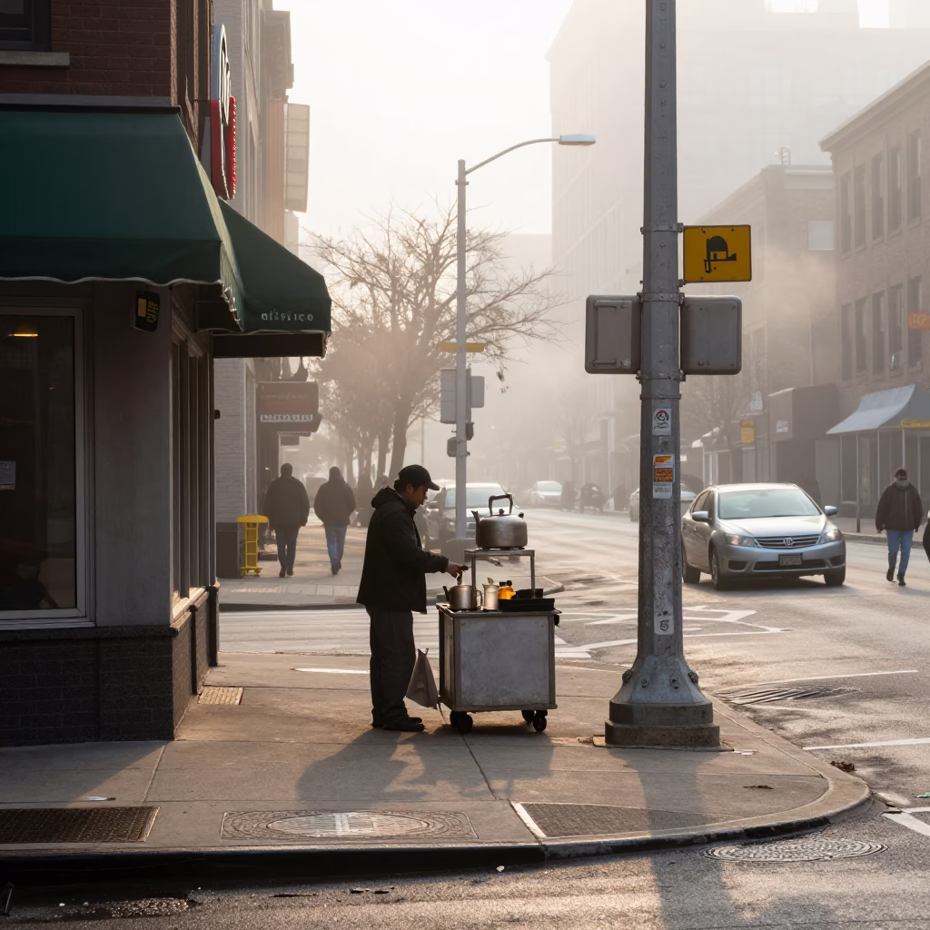 Early Morning Chicago Street Scene with Vintage Diner Kettle and Blueberries in in Chicago, Illinois, United States