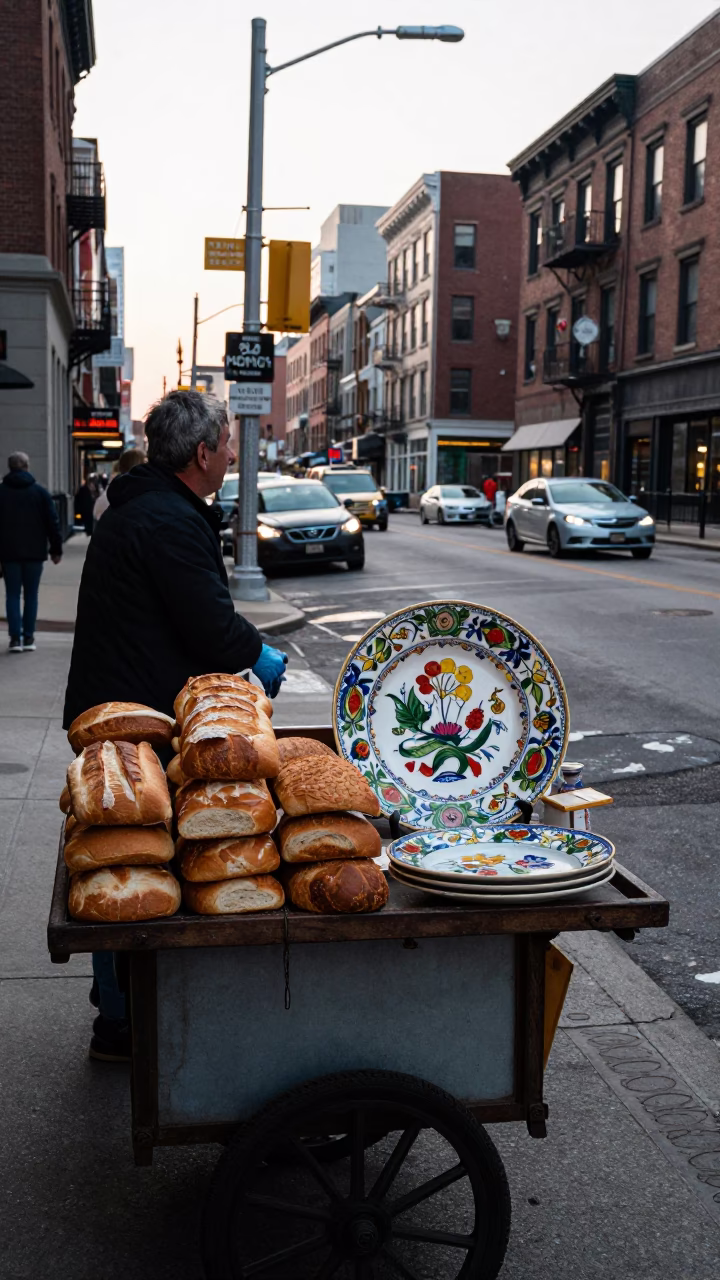 Early Morning Chicago Street Scene with Vintage Majolica Plate and Bread Loaves in in Chicago, Illinois, United States