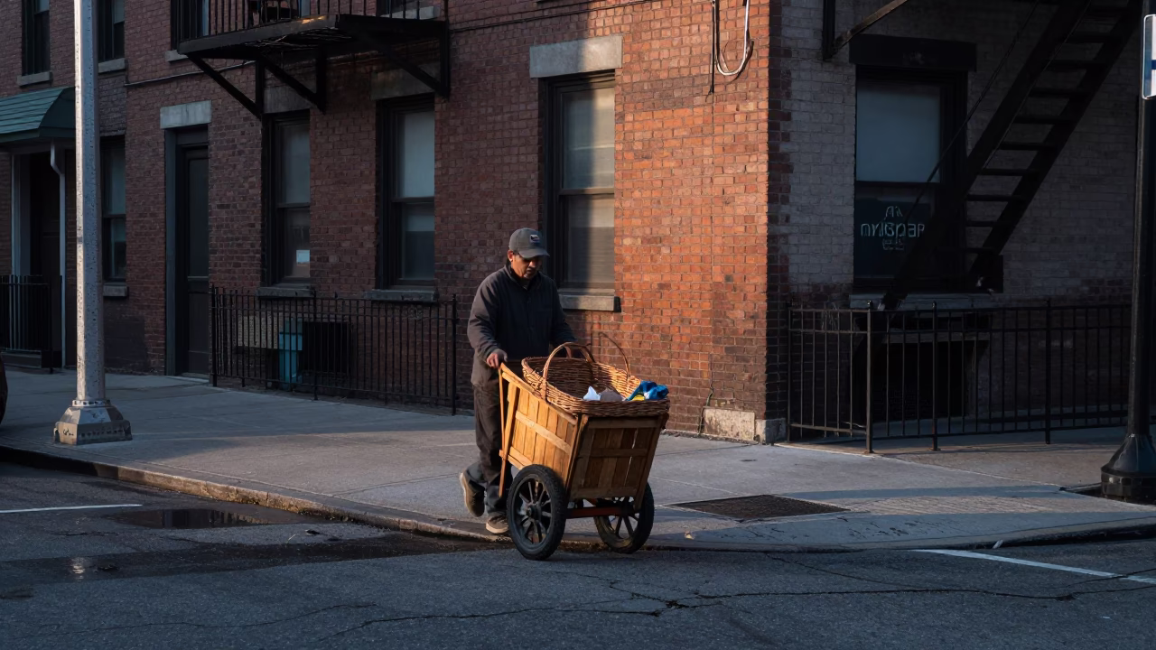Early Morning Chicago Street Scene with Wicker Basket and Oranges in in Chicago, Illinois, United States