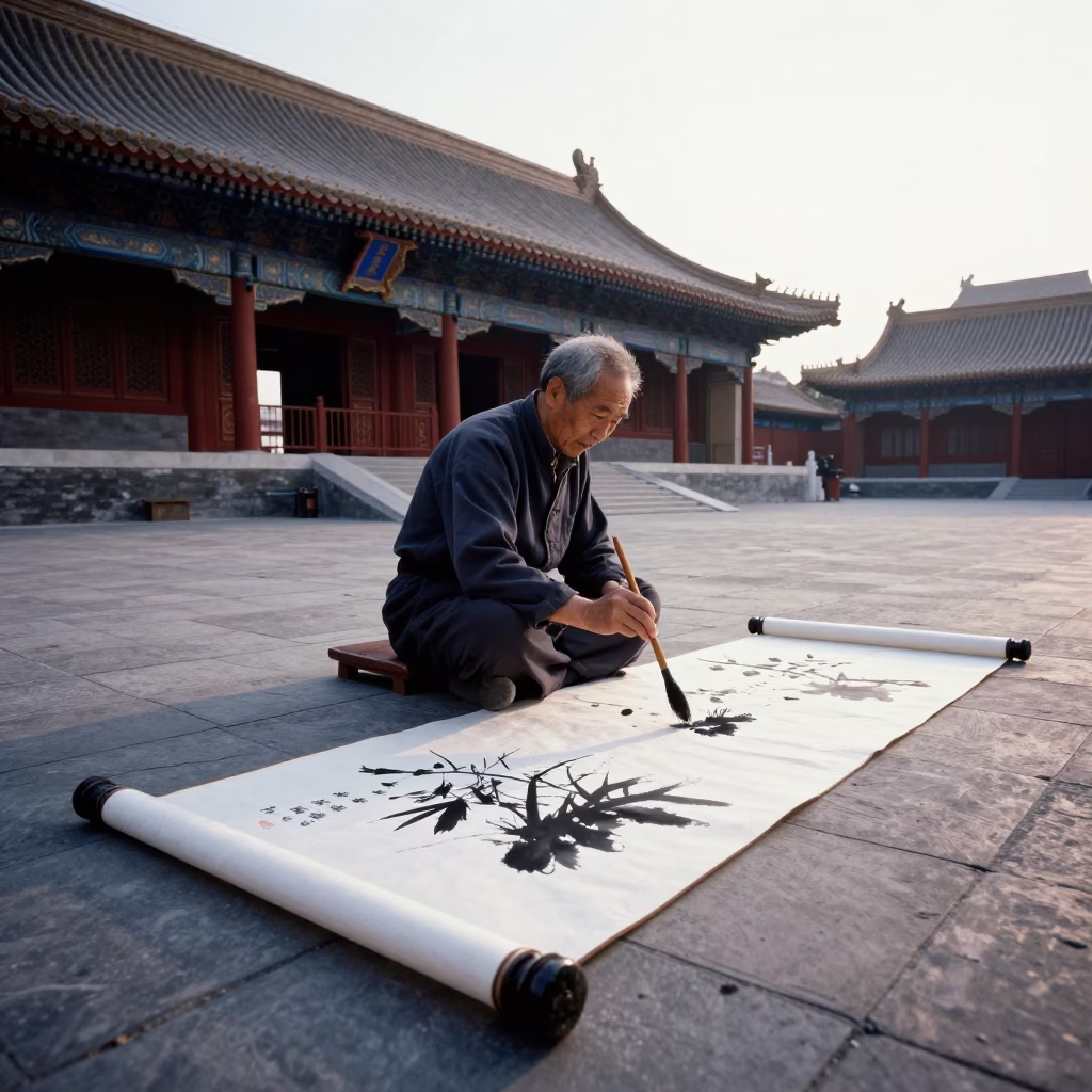 Early Morning Chinese Brush Painter Working on Scroll in Beijing Courtyard in in Beijing, China