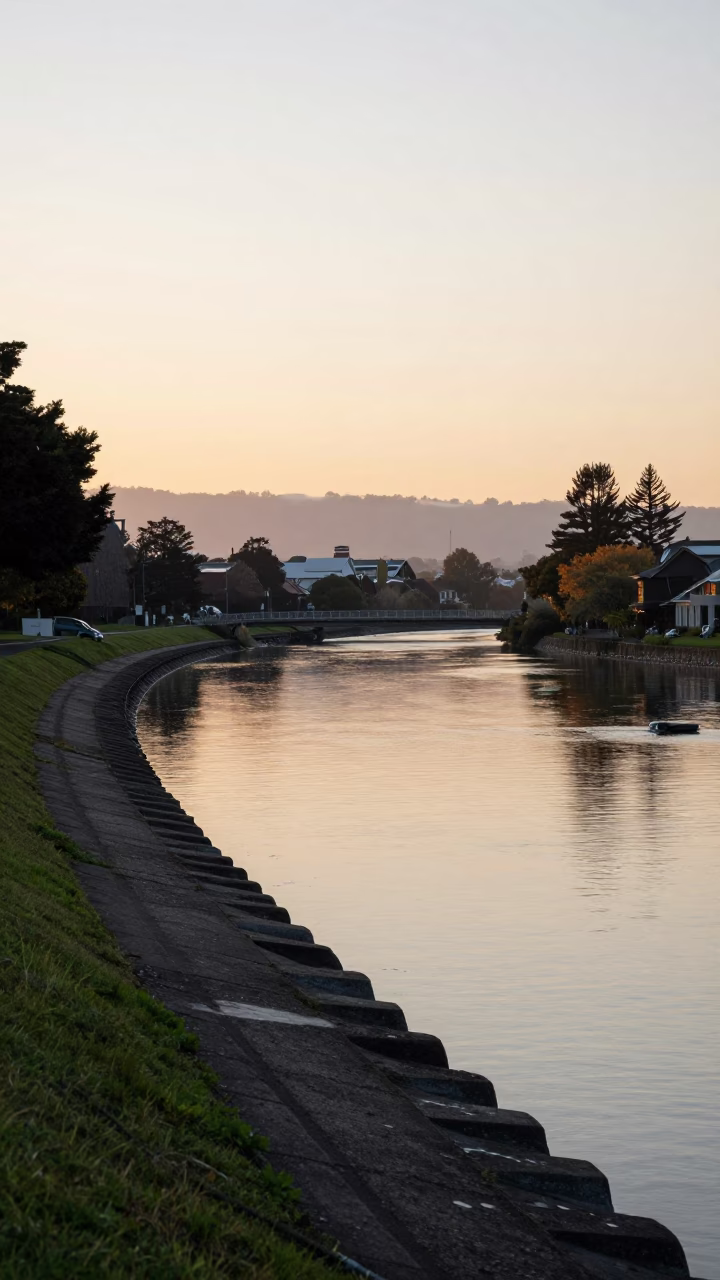 Early Morning Christchurch River Scene with Reinforced Levee Path and Vintage 1970s Street Life in in Christchurch, New Zealand