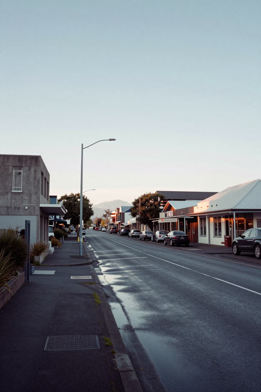 Early Morning Christchurch River Street Scene with Substation Road and Scrub Brush in in Christchurch, New Zealand