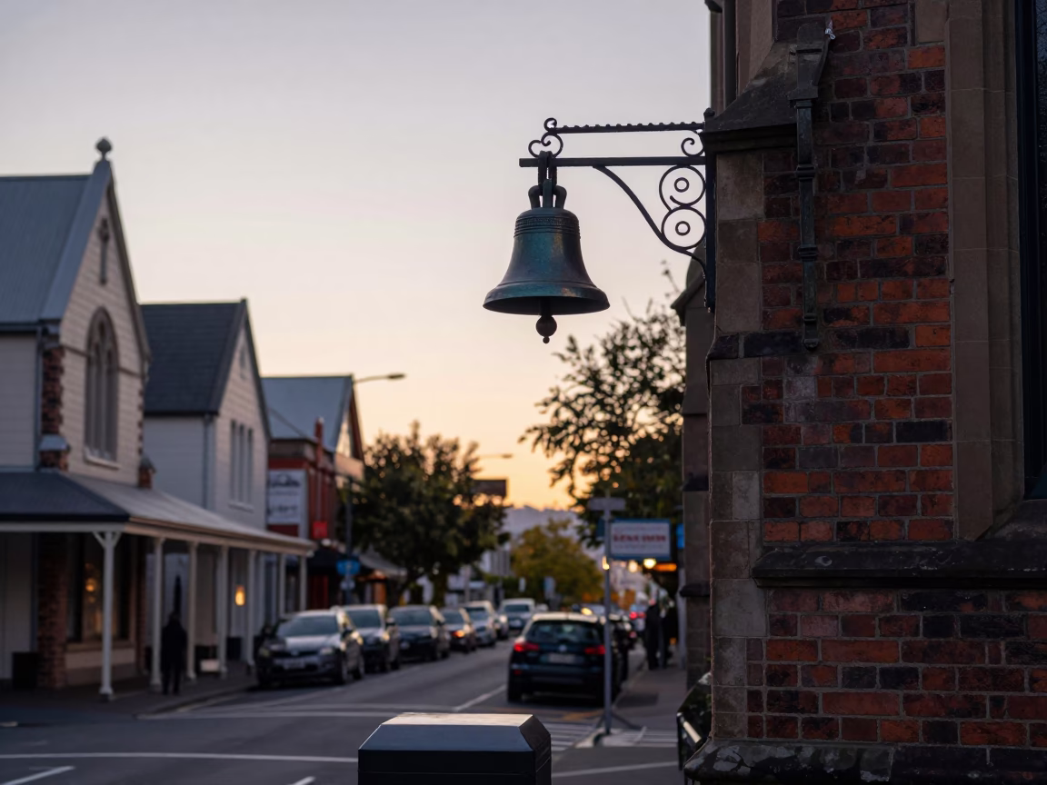 Early Morning Christchurch Street Scene with Bell and Lockbox Before Dawn in in Christchurch, New Zealand