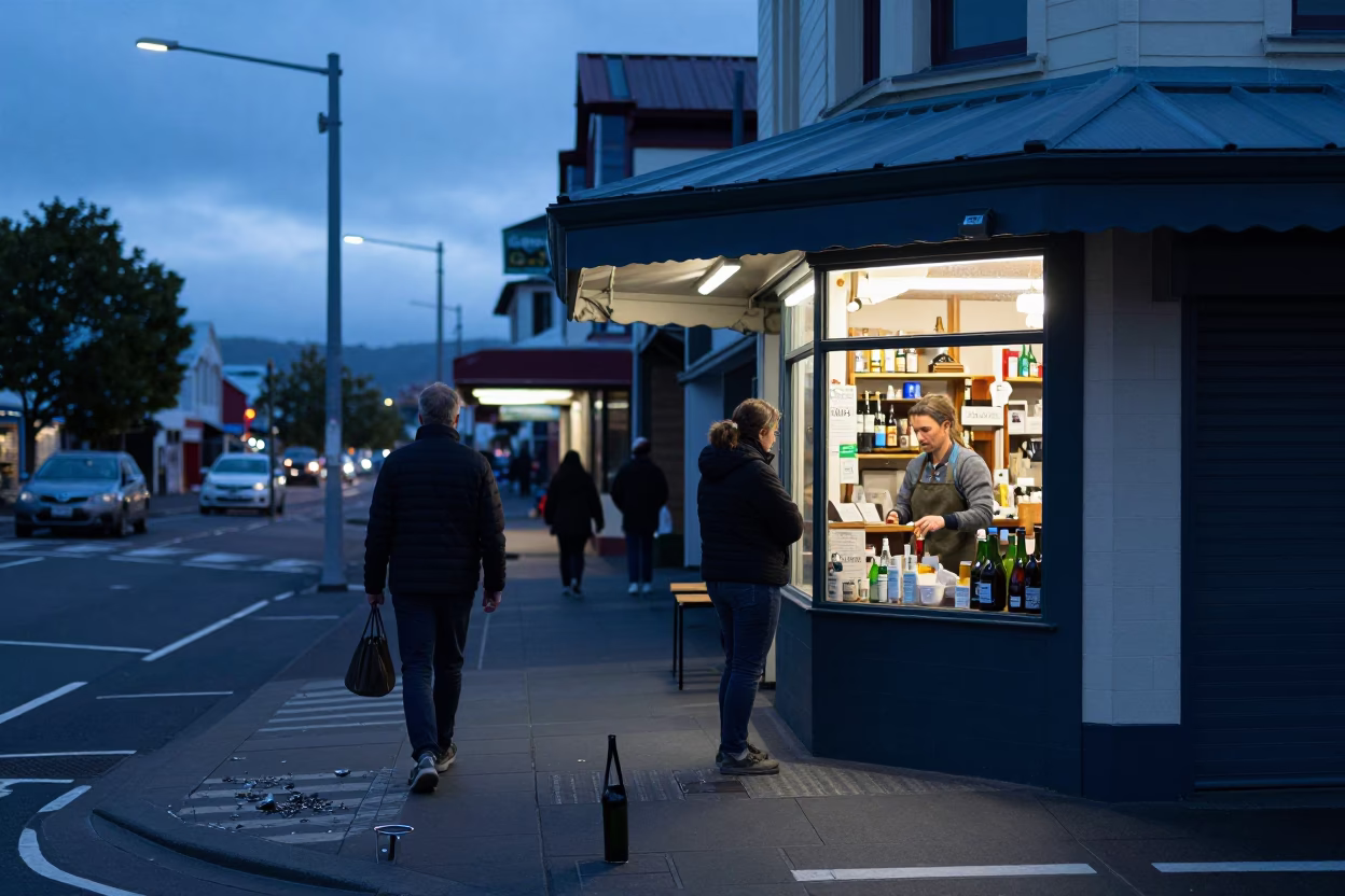Early Morning Christchurch Street Scene with Bottle and Nail Brush in in Christchurch, New Zealand