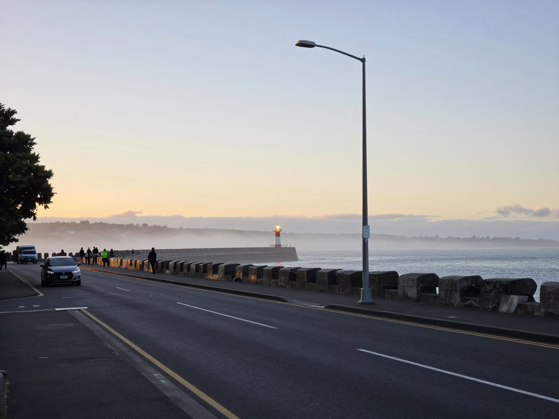 Early Morning Christchurch Street Scene with Breakwater Beacon and Urban Debris in in Christchurch, New Zealand