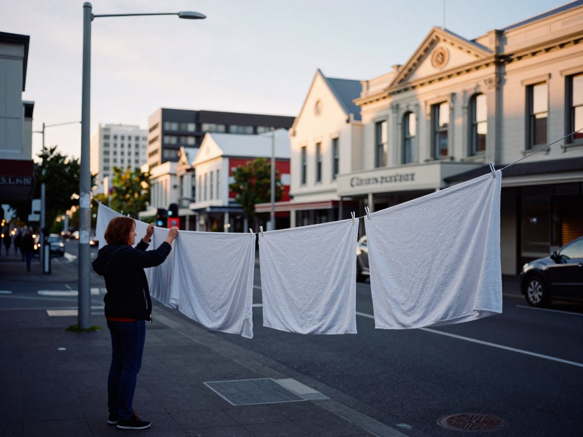 Early Morning Christchurch Street Scene with Drying Towels and Local Interaction in in Christchurch, New Zealand