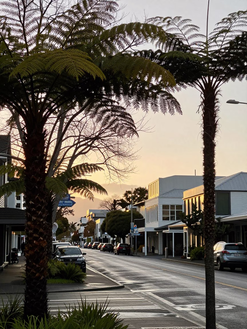 Early Morning Christchurch Street Scene with Ferns and Local Morning Routine in in Christchurch, New Zealand