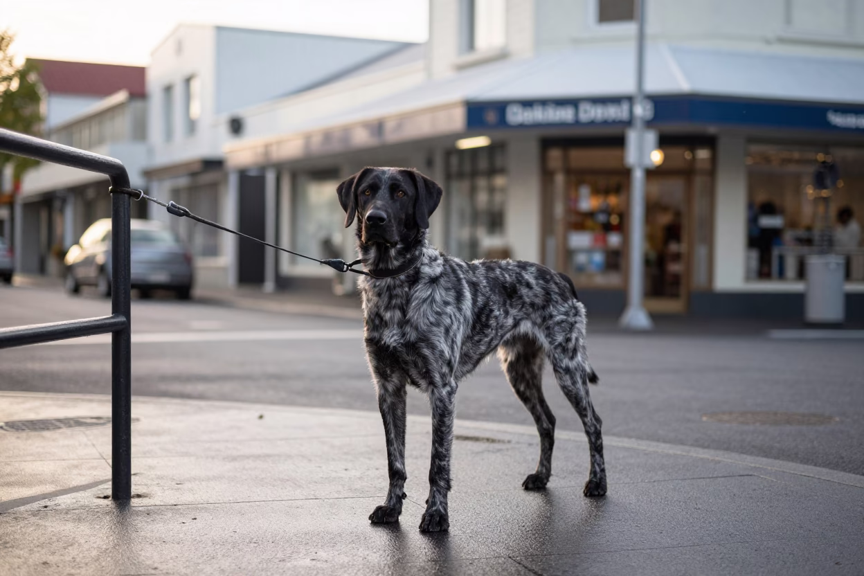 Early Morning Christchurch Street Scene with German Shorthaired Pointer and Urban Details in in Christchurch, New Zealand