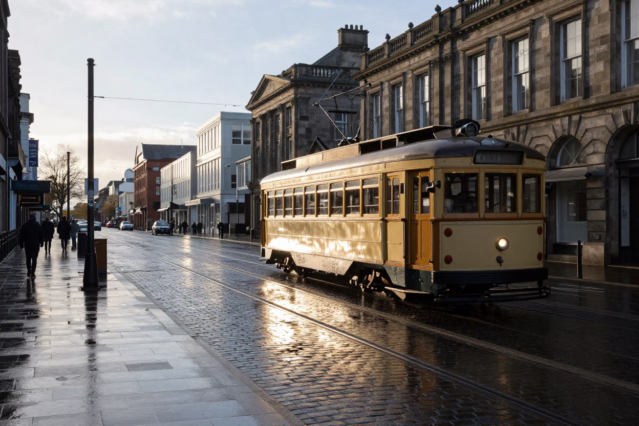 Early Morning Christchurch Street Scene with Heritage Tram and Urban Infrastructure in in Christchurch, New Zealand