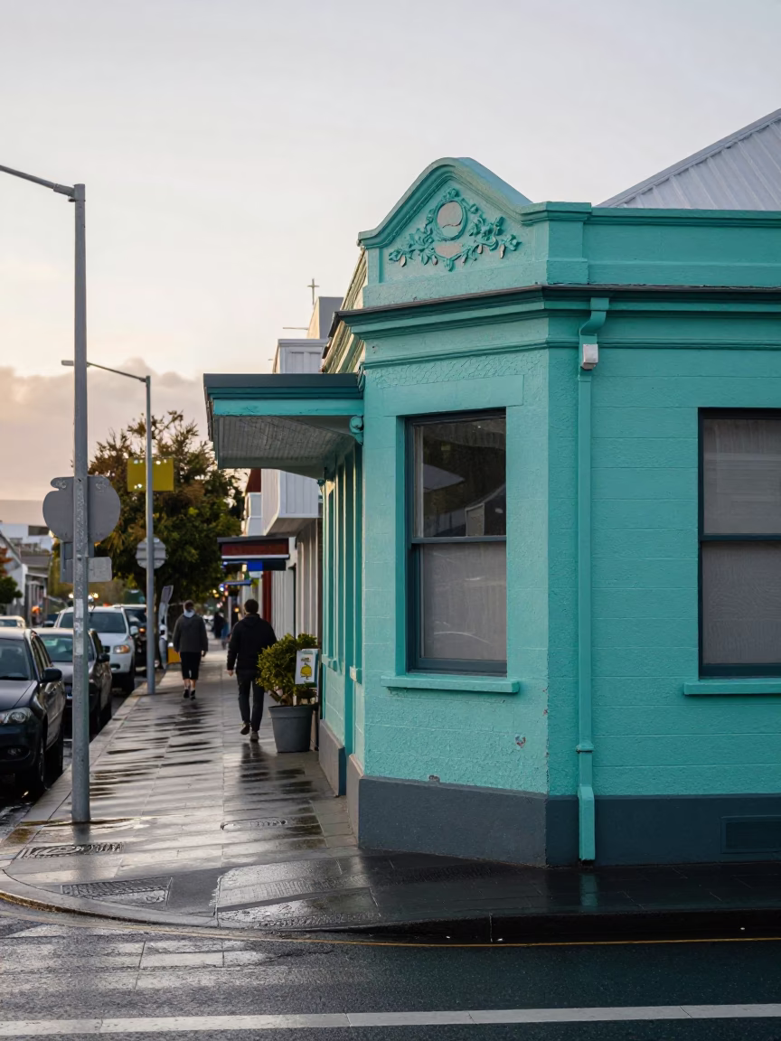 Early Morning Christchurch Street Scene with Peeling Turquoise Paint and Local Breakfast in in Christchurch, New Zealand