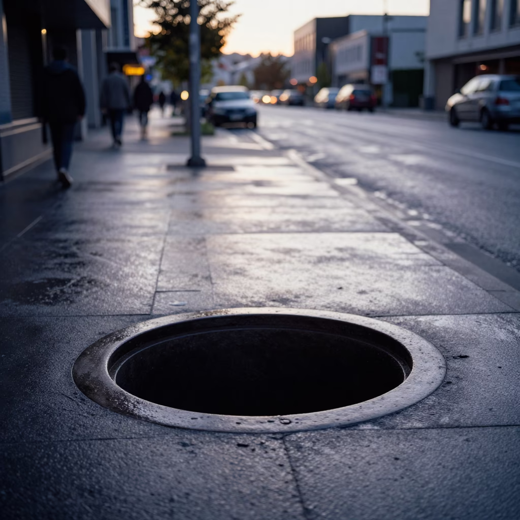 Early Morning Christchurch Street Scene with Service Tunnel Sump and Blinking Indicators in in Christchurch, New Zealand