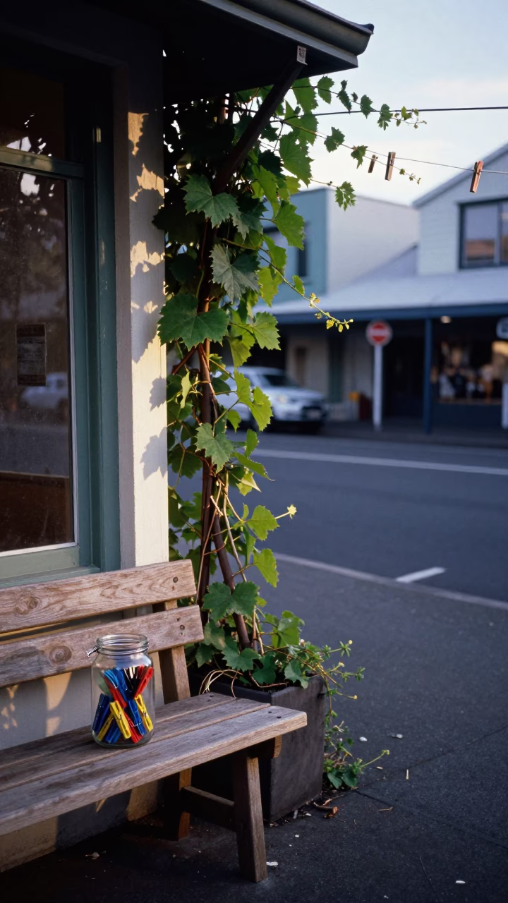 Early Morning Christchurch Street Scene with Vine and Clothespin Jar on Wooden Bench in in Christchurch, New Zealand
