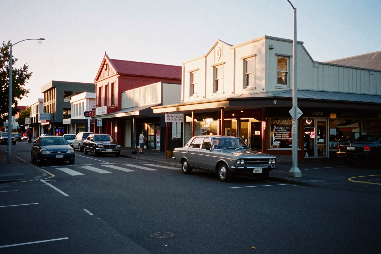 Early Morning Christchurch Street Scene with Vintage Car and Local Shopfronts in in Christchurch, New Zealand
