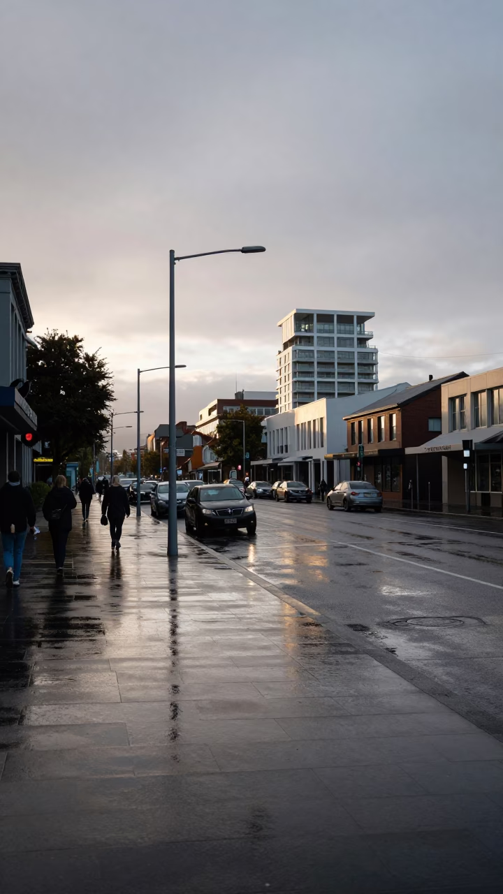 Early Morning Christchurch Street Scene with Wet Pavement and Local Commuters in New Zealand in in Christchurch, New Zealand