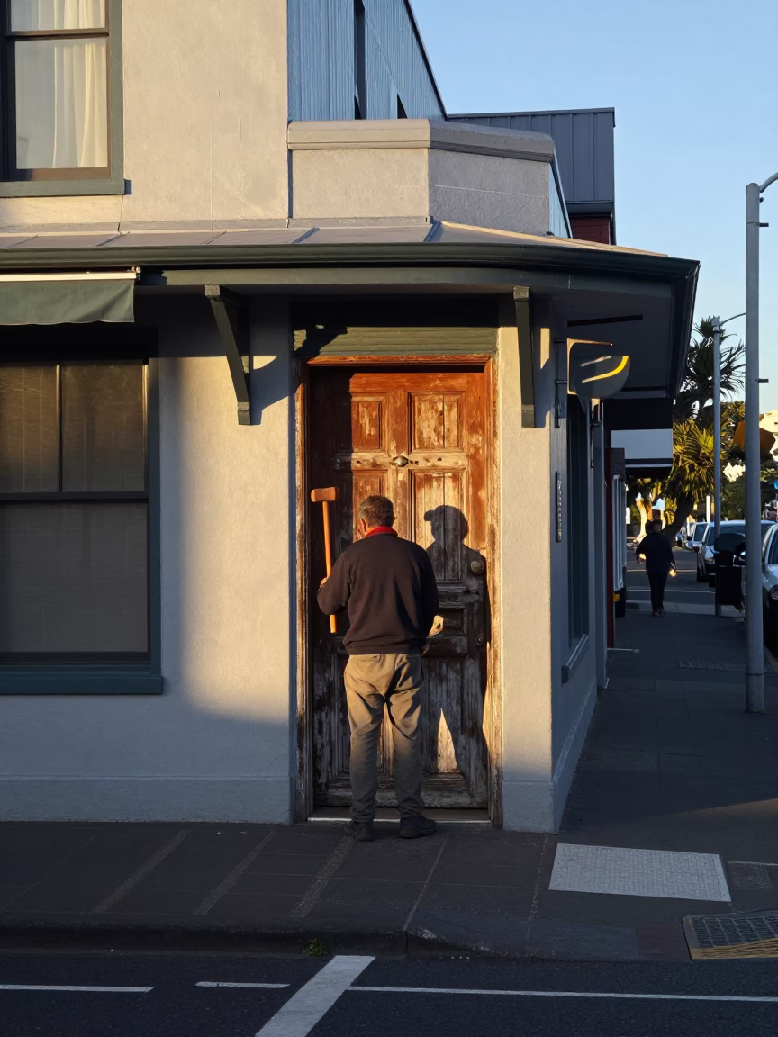 Early Morning Christchurch Street Scene with Wooden Mallet and Lived-in Urban Details in in Christchurch, New Zealand