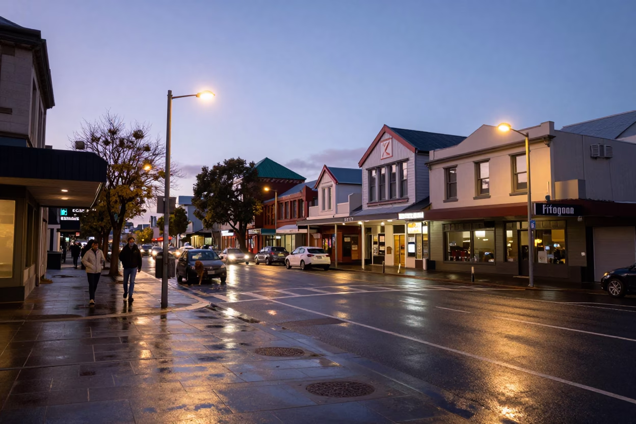Early Morning Christchurch Street Scene with Wrench and Clumber Spaniel Before Dawn in in Christchurch, New Zealand